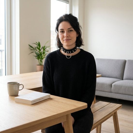 Vrouw draagt een zwarte choker met studs en ring in een woonkamer.