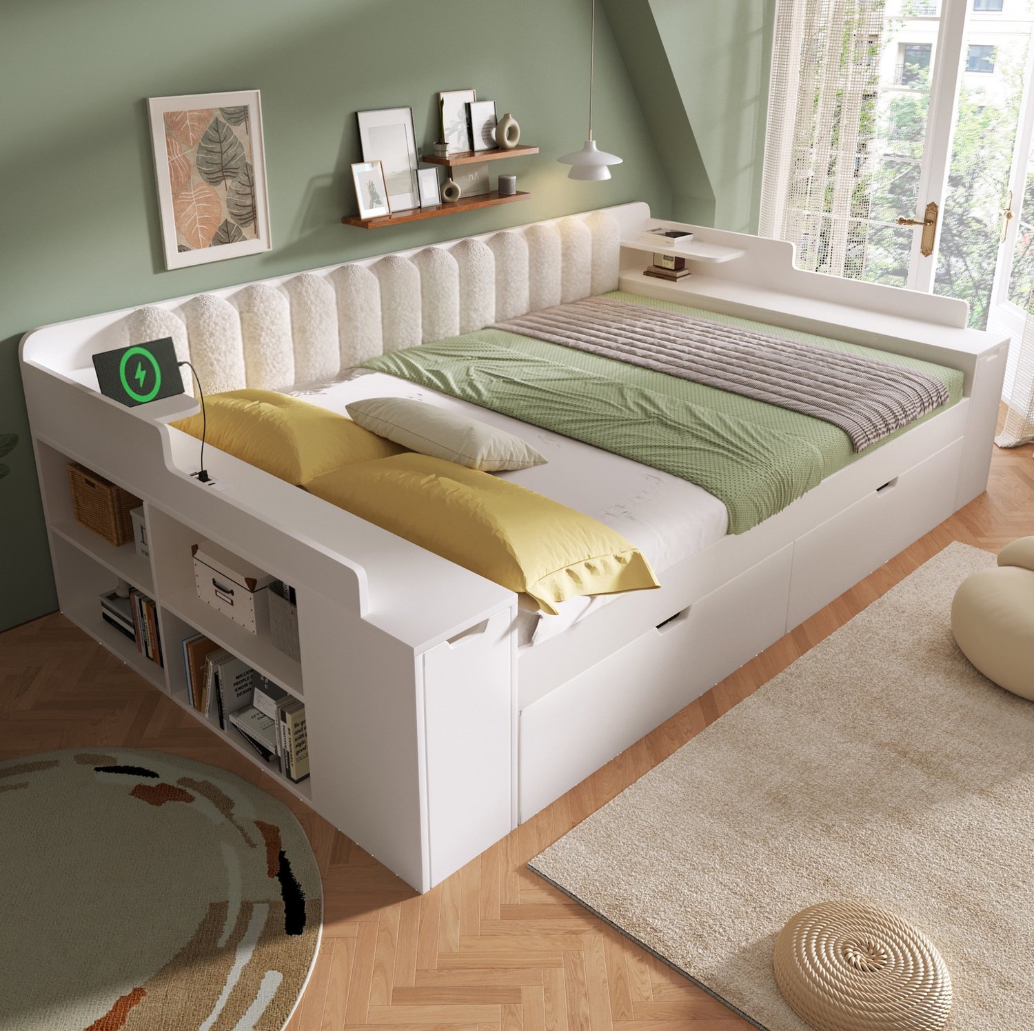 FloraGrace Bedbank 140 x 190 cm – Dagbed Met Uitrekbed En Laadstation – Met Opbergruimte – Sherpa En MDF – Wit – Zonder Matras