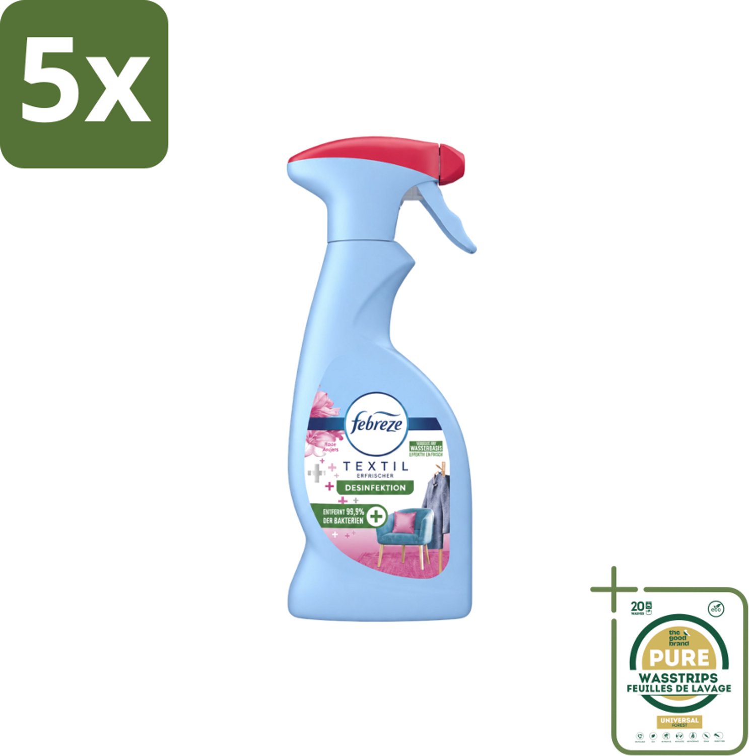 5 x Febreze – Textielspray – Roze Anjers – 375 ml - Wasstrips - Textielgeur - Textielverzorging - Geurverwijdering - Textielspray - Roze Anjers