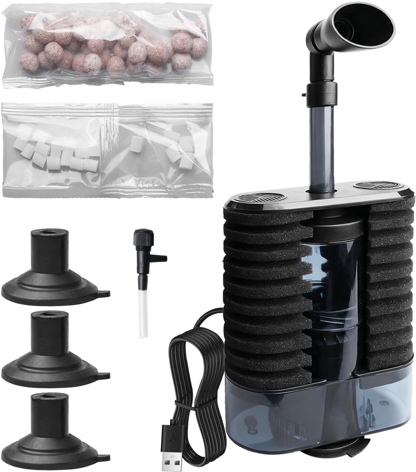 Aquariumsponsfilter 1 W - USB verstelbaar binnenfilter - waterpomp 200 l/u - ideaal voor aquaria tot 80 liter - Vemera
