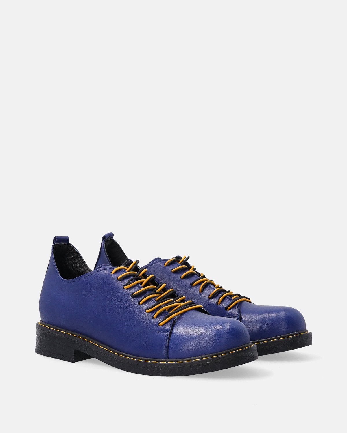 Donkerblauwe Dames Veterschoenen - Natuurlijk Leer - Gekleurde Veters - Hakhoogte 3 cm