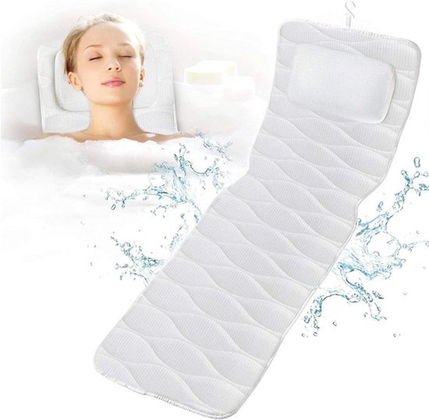 Badkussen voor het hele lichaam - Voor spa en ontspanning - Comfortabel baden - 14 antislipzuignappen - 125 x 44 cm - Wit