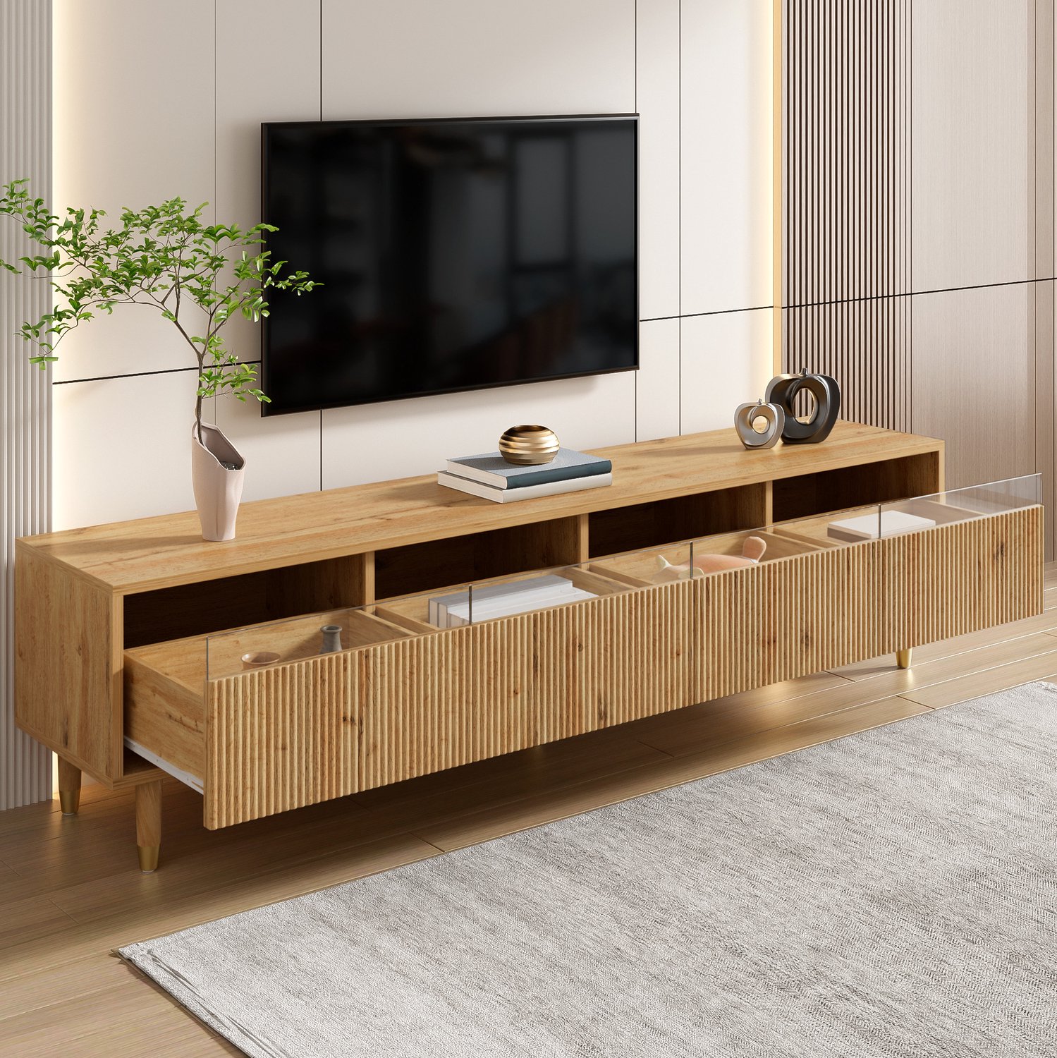 CHICFURN TV-meubel - 4 lades - kabelmanagement - laag model - houtkleur