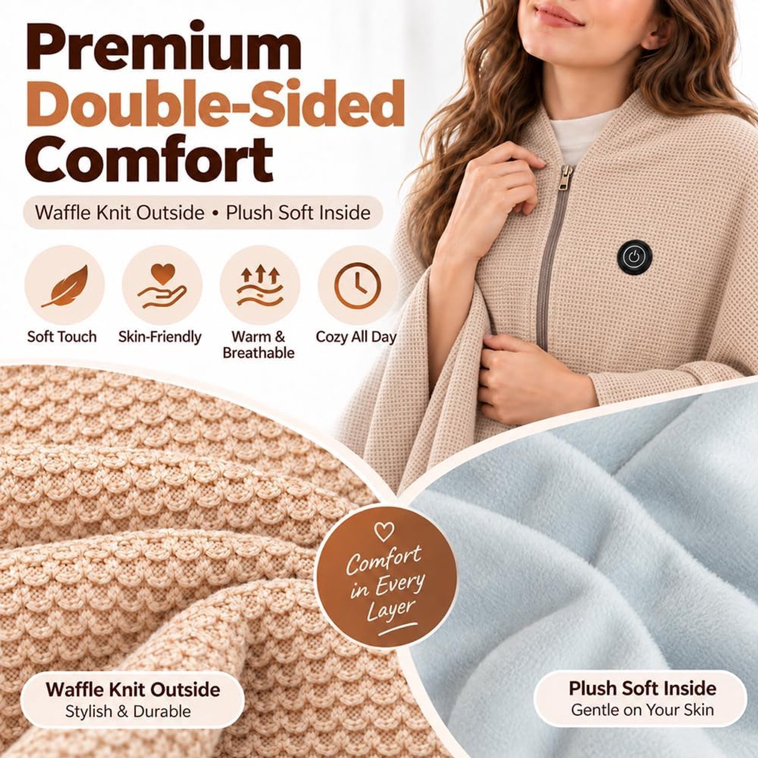 Elektrische deken - Verwarmde Hoodie Deken - Verwarmbare omslagdoek/deken - Oplaadbare verwarmde deken - USB-oplaadbaar - Ritssluiting - Unisex - Geschikt voor gebruik thuis, buiten en op kantoor - Beige - 150x80cm – foto 3