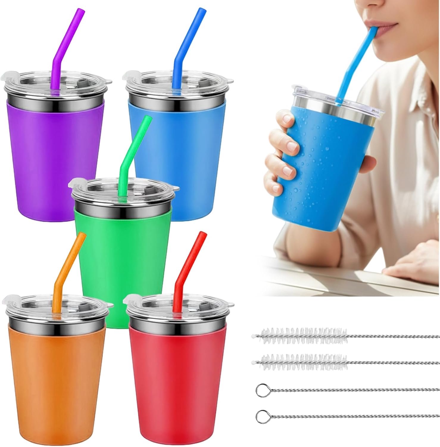 RVS Drinkbekers 350 ml - Set van 5 - Inclusief Rietjes en Deksel - Herbruikbare Cups voor Gezinnen - ShopVlot