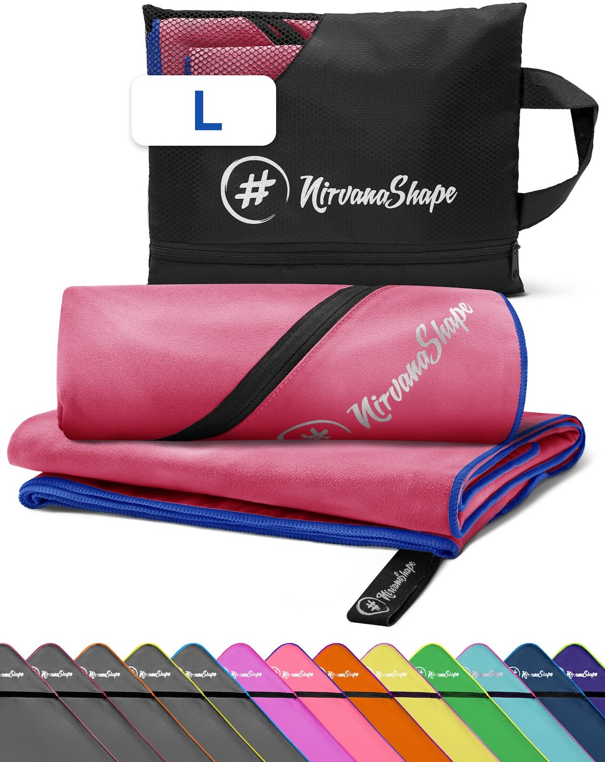 NirvanaShape - microvezel handdoek - strandlaken en badlaken - sneldrogend en absorberend - sporthanddoek met slimme hoekzak - 140 x 70 cm - Koraalrood / Blauwe Rand