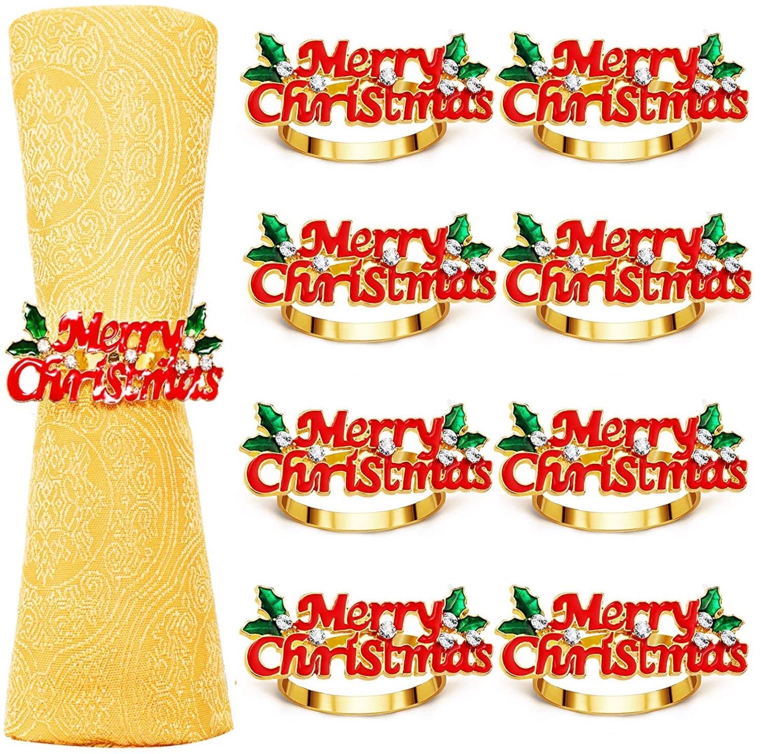 Kerst Servetringen Set – 8-Delige Gouden Servethouders met Steentjes en Merry Christmas Inscriptie – 6x2,5 cm