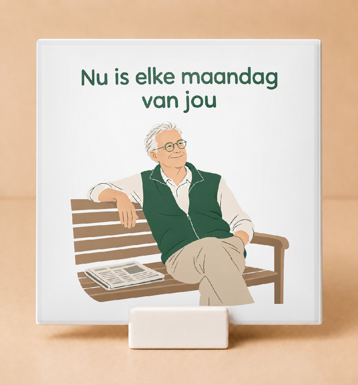 Bedruk King Minimalistische Pensioen Tegel – Elegante One-Line Art Wanddecoratie voor Vrije Tijd en Ouderen - 11 x 11 cm met houder Wit