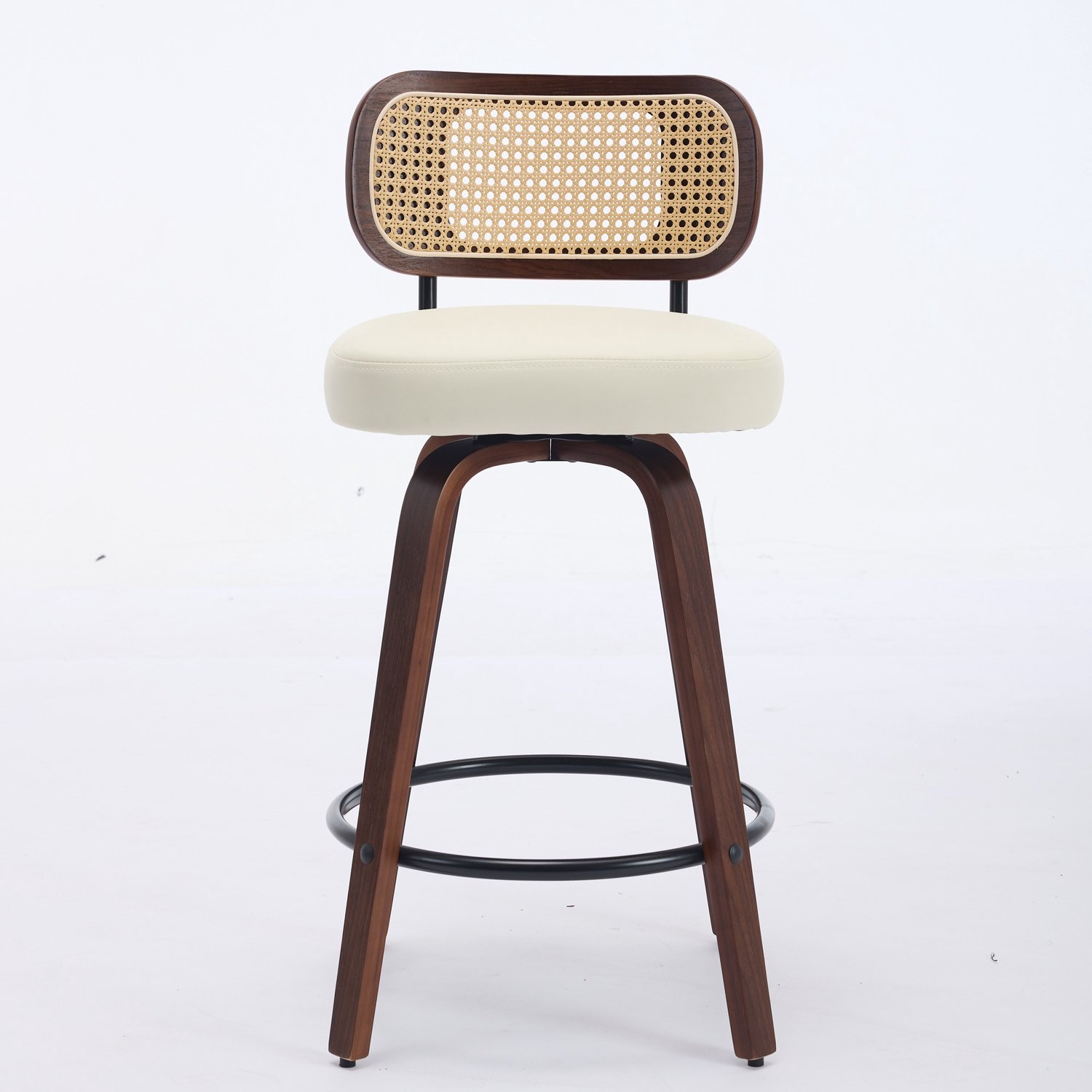 SONNENH Barkrukken set van 2 - Beige kunstleren zitting en rotan rug - Houten poten - Draaibaar