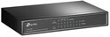 Schuin vooraanzicht van de zwarte TP-Link TL-SG1008P 8-poorts gigabit switch met PoE-statusindicators.