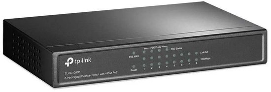 Schuin vooraanzicht van de zwarte TP-Link TL-SG1008P 8-poorts gigabit switch met PoE-statusindicators.