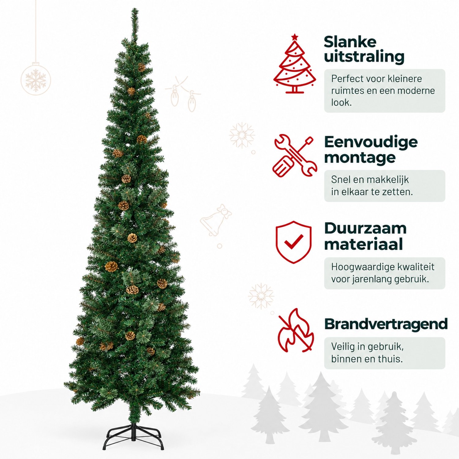 Delightness Kerstboom - Kunst Boom - Decoratie - Nep Boom - Kerst - Smalle Kerstboom - Feestdagen - Dennenappels - 58X58X225 Cm - Groen – foto 6