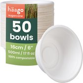 Haago – 50 Suikerriet Schalen, 500ml – Sterk Bagasse Papier – Biologisch Afbreekbaar & Thuis Composteerbaar – Voor Warm & Koud Eten