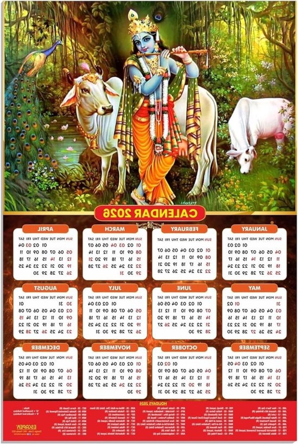 Religieuze wandkalender - Hindoeïstische kalender - Jaaroverzicht - Gelamineerd papier - 30 x 45 cm - Multicolor