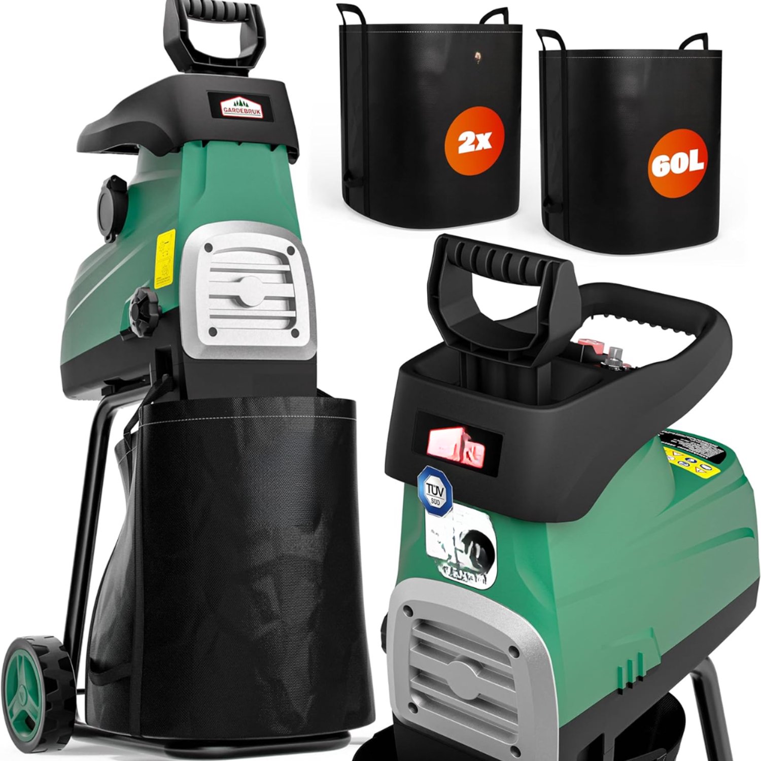 Levo® Professionele Hakselaar Versnipperaar - Hakselaar Electrisch 60L – Takken Versnipperaar - Hakselaar 3000W - Max O44mm - Incl Wielen - Opvangzak - Duurzame Draaimessen - Heggen Bomen en Haag Tuinonderhoud - Veelkleurig - 48cm x 29cm x 66cm