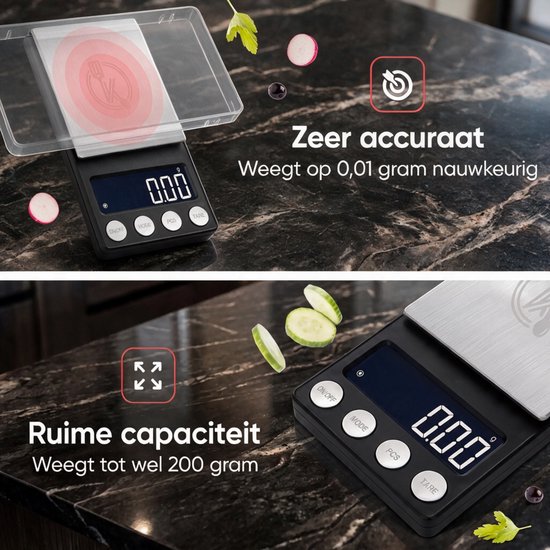 Kitchenwell digitale mini precisie keukenweegschaal - 0,01 tot 200 gram - 14.2 x 7.5 cm - pocket scale op batterij - weegschaal keuken — cadeau in Kookcadeaus - foto 7