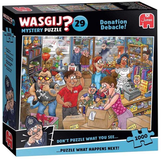 Wasgij Mystery 29 Donatiedebacle 1000-delige legpuzzel met een drukke kringloopwinkel vol humoristische karakters.
