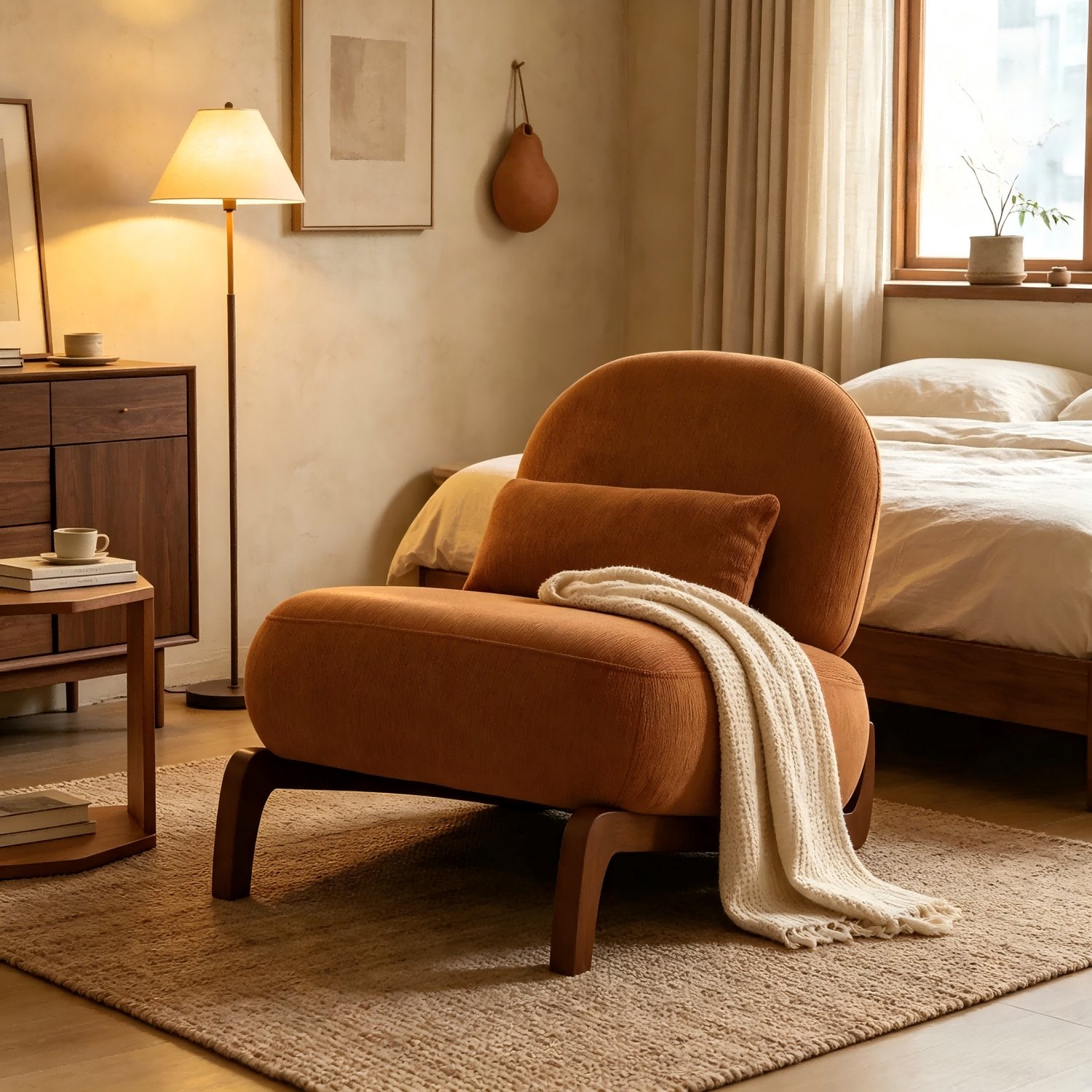 VVBV Fauteuil / Relaxstoel 86.9x72.1x69.9 cm – Zacht Kussen, Massief Houten Poten – voor Woonkamer/Slaapkamer – Textiel, Hout – Karamel