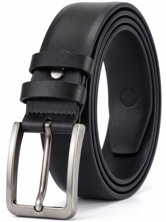 Ceinture pour homme en cuir noir Sorprese enroulée avec une boucle en métal argenté.