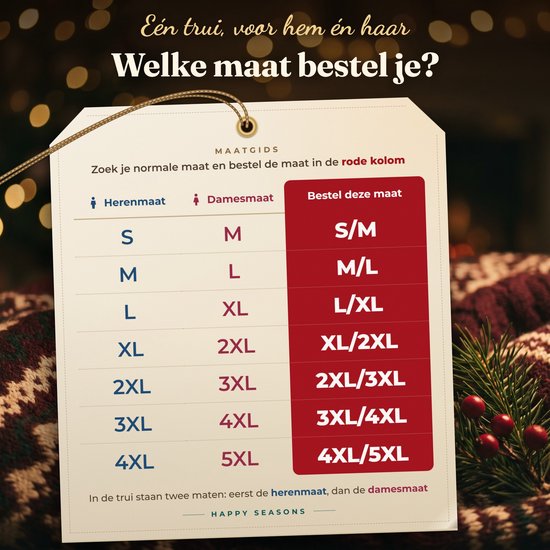 Maattabel voor uniseks kersttrui: kies de maat in de rode kolom op basis van heren- en damesmaten.