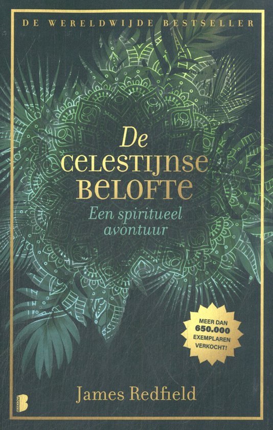 Boekomslag 'De Celestijnse Belofte' met groen mandala-motief op donkere achtergrond en gouden typografie.
