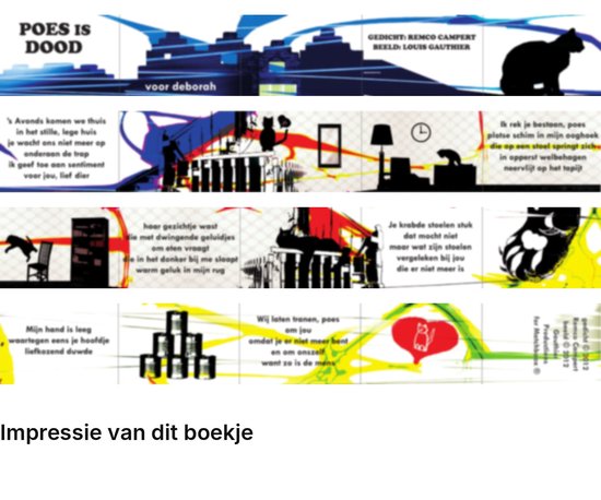 Een overzicht van het uitgevouwen harmonica-boekje met tekstfragmenten van Remco Campert en illustraties.
