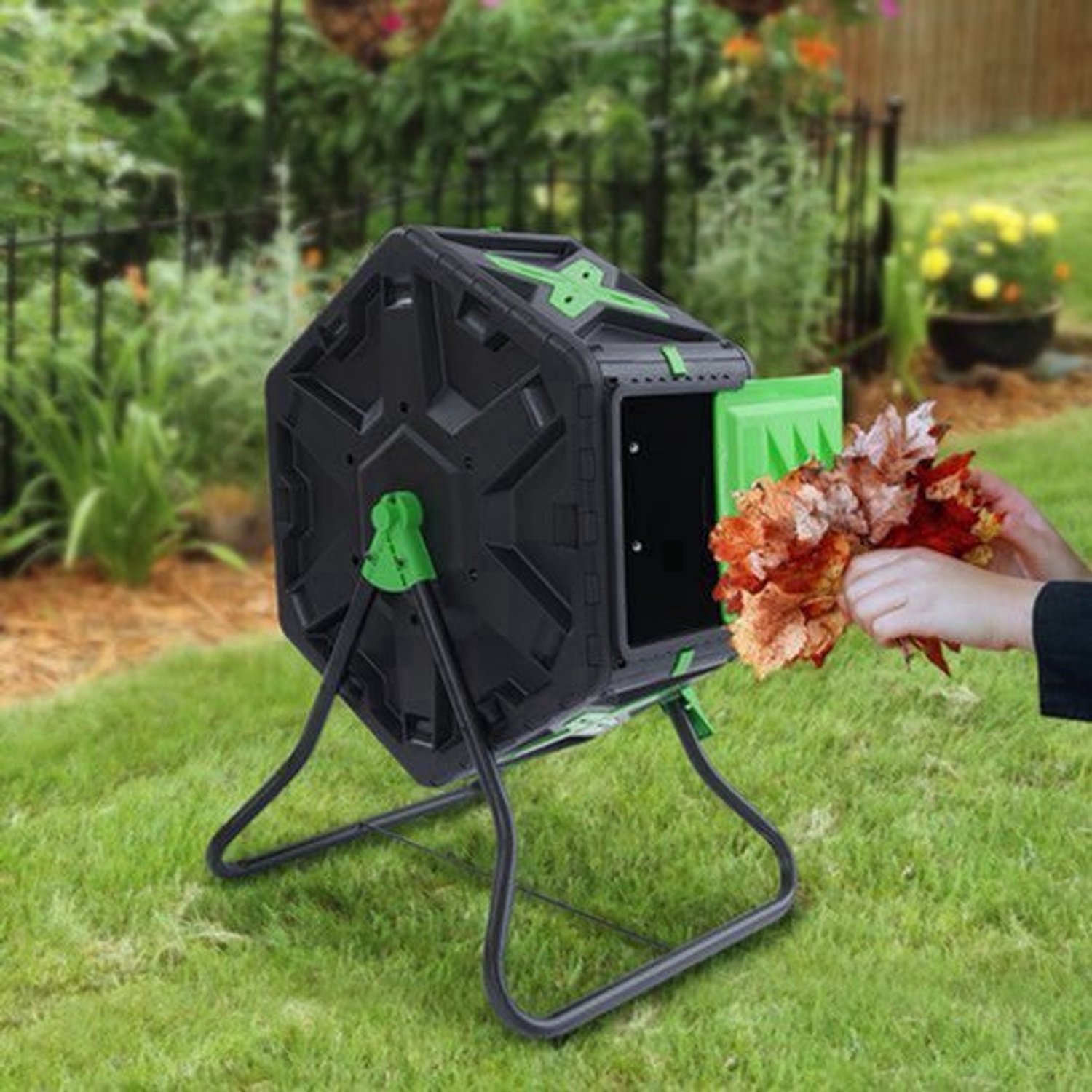 Compostbak 70L Zwart-Groen - Hexagonaal Vorm - PP En IJzer - Voor Tuin En Keukenafval - Roterende Composteerder
