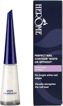 Herome 'White or Without' nagellak in een glazen flesje met donkerblauwe dop naast de bijbehorende doos.