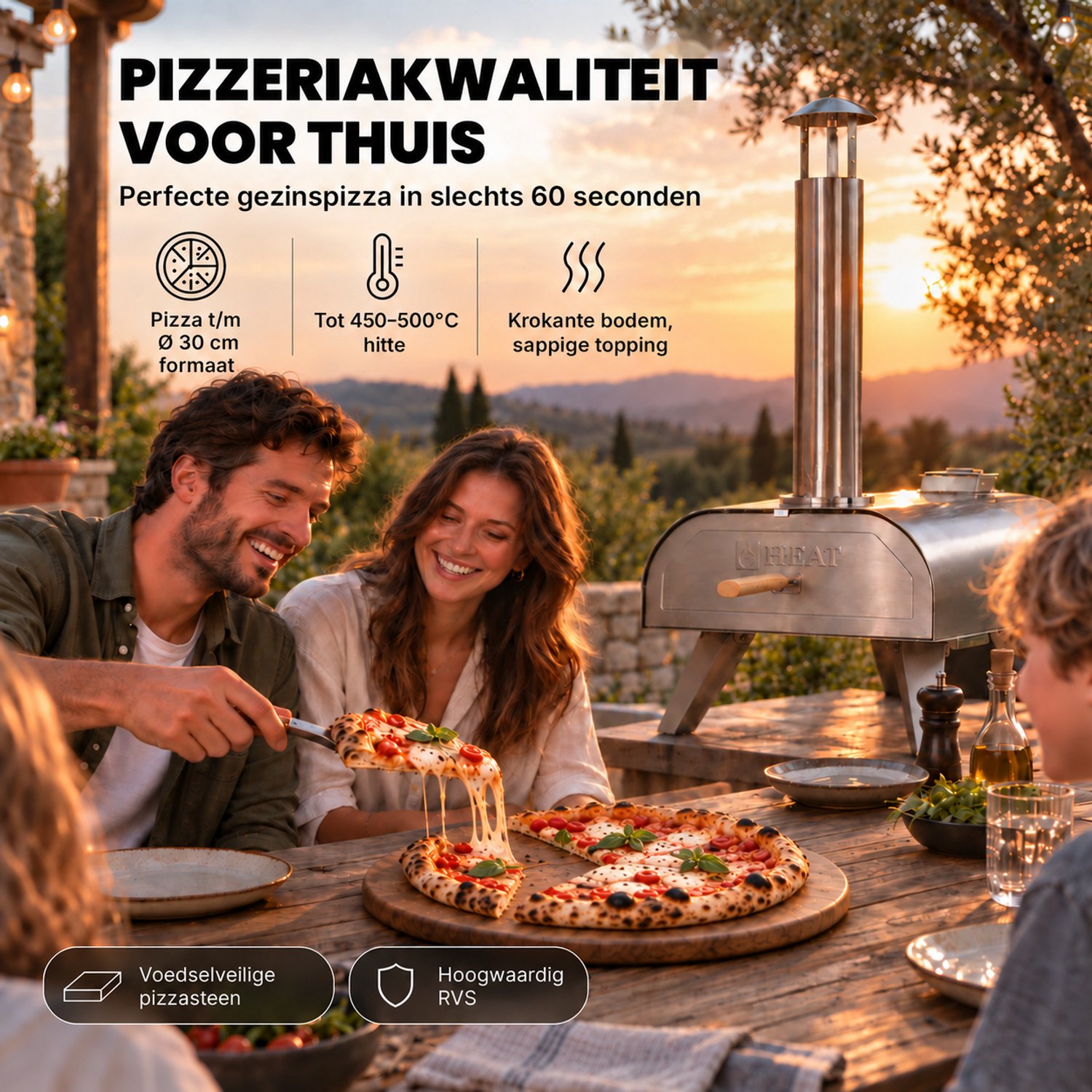 HEAT Pizza Pellet Oven - Houtpellet Pizzaoven voor Buiten - Inclusief Pizzasteen - RVS Dubbelwandig - Inklapbaar - 450-500°C – foto 6