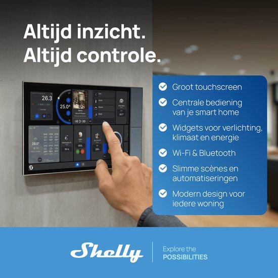 Shelly Wall Display XL met groot touchscreen voor centrale bediening van verlichting, klimaat en scènes.