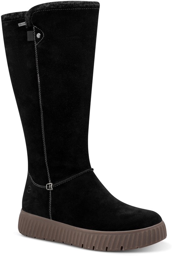 Zwarte suède laars met witte stiksels, een decoratief gespje, imitatiebont voering en een bruine geribbelde zool.
