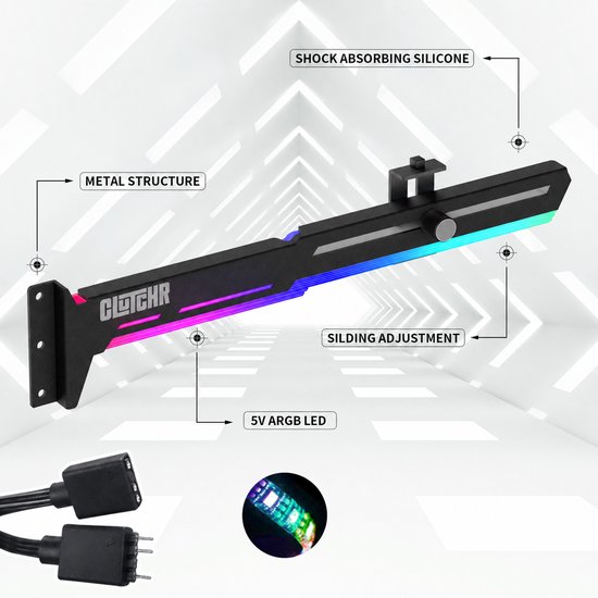 Zwarte CLUTCHR GPU-houder met ARGB-ledverlichting, metalen structuur, schokabsorberende siliconen en verstelbare schuif.
