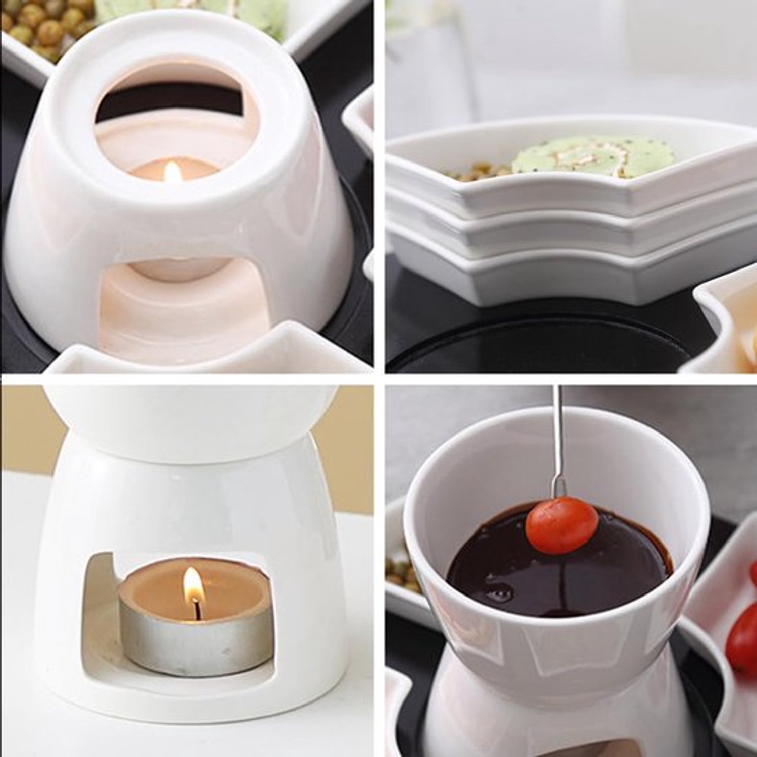 Chocoladefondueset, keramische mini-chocoladefondue, kaasfondue, set met 4 keramische borden en 4 vorken en 1 dienblad, chocoladefondue, verwarmd met een theelicht voor snoep, boter en kaas – foto 7