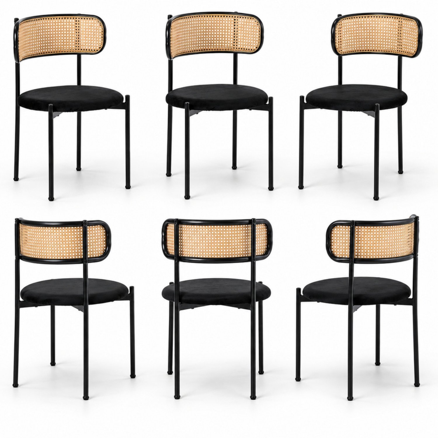 LONG DRAGON - Velvet eetkamerstoelen - Set van 6 - Rotan rugleuning - Vier metalen poten - Voor woonkamer en slaapkamer - Zwart