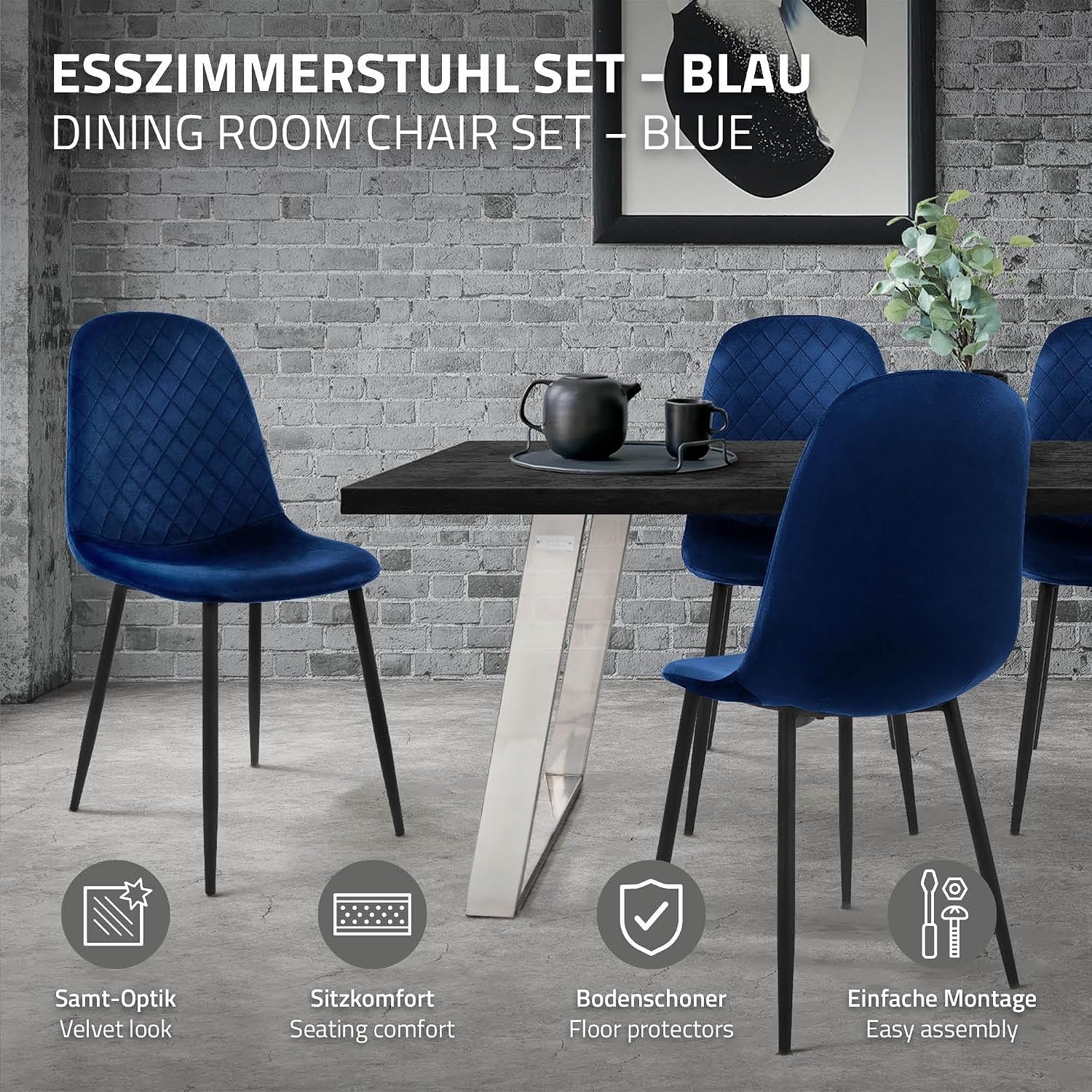 Velvet Elegance Eetkamerstoelen Set van 4 DonkerblauwLuxe Fluwelen Eetkamerstoelen met Ruitpatroon,Ergonomische Rugleuning en Zwarte Metalen Poten, Scandinavische en Retro Stijl, Gestoffeerde Keukenstoelen voor Woonkamer en Eettafel, 89 x 51 x 48 cm,
