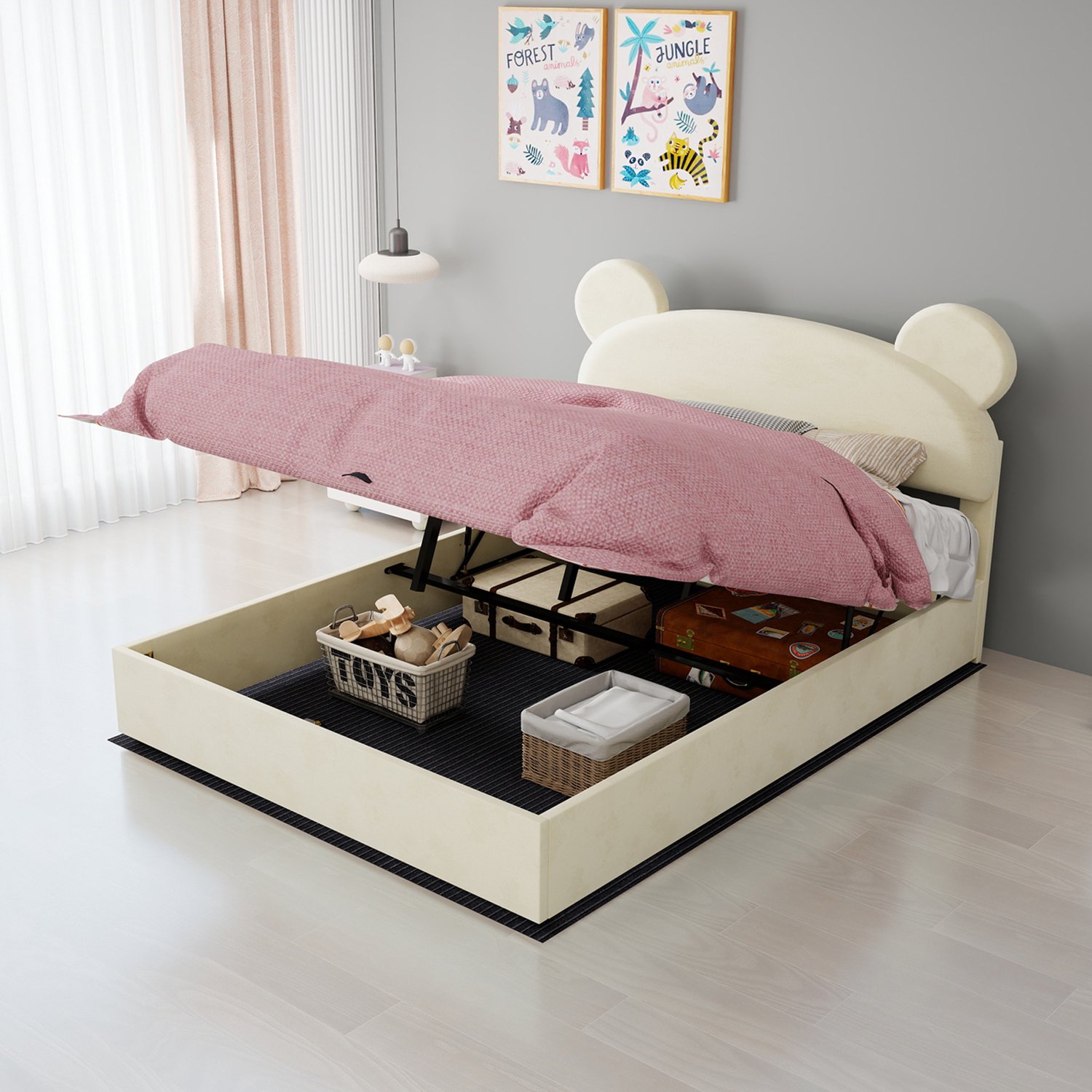 WUVRIE Opbergbed 140x200 cm - Fluwelen hoofdbord en gasveermechanisme - Beige