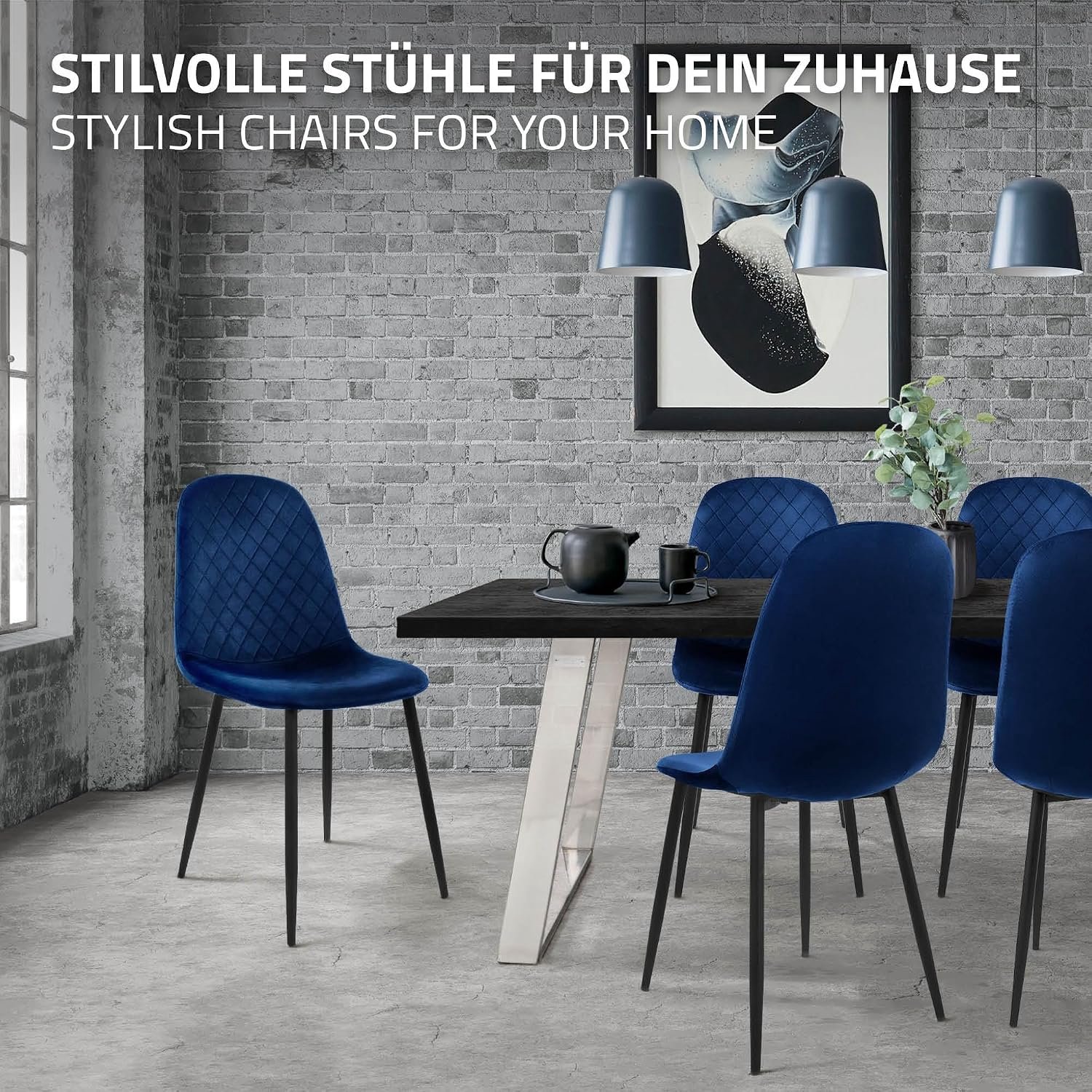 VelvetLuxe Eetkamerstoelen Set van 4 Donkerblauw – Luxe Fluwelen Eetkamerstoelen met Metalen Poten, Ergonomische Rugleuning, Diamantpatroon en Zachte Bekleding voor Eetkamer, Keuken en Woonkamer