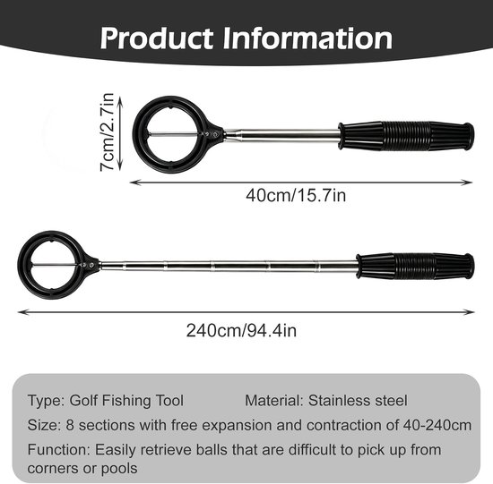 Golfbal retriever 2 m - roestvrij staal - antislip handgreep - balgrijper voor water en struiken - ServiceTopper — afbeelding 5