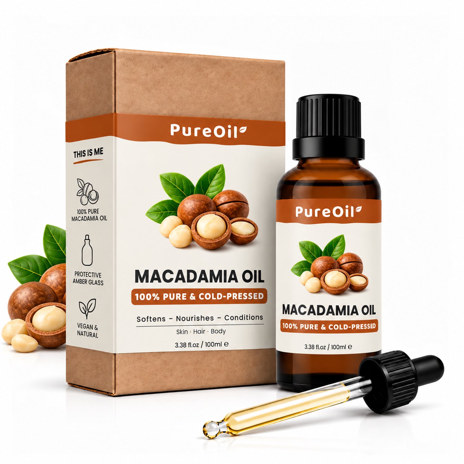 PureOil – macadamia Olie – 100ml – Koudgeperst & Hexaanvrij – 100% Puur, Natuurlijk & Vegan – Voor Haar | Huid | Gezicht | Scalp | Wimpers | Wenkbrauwen | Nagels | Massage - Haarolie - Massage Olie - Incl. Ebook