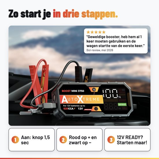 AutoXtreme starthulp aangesloten op een auto-accu met stappenplan voor veilig starten in drie eenvoudige stappen.