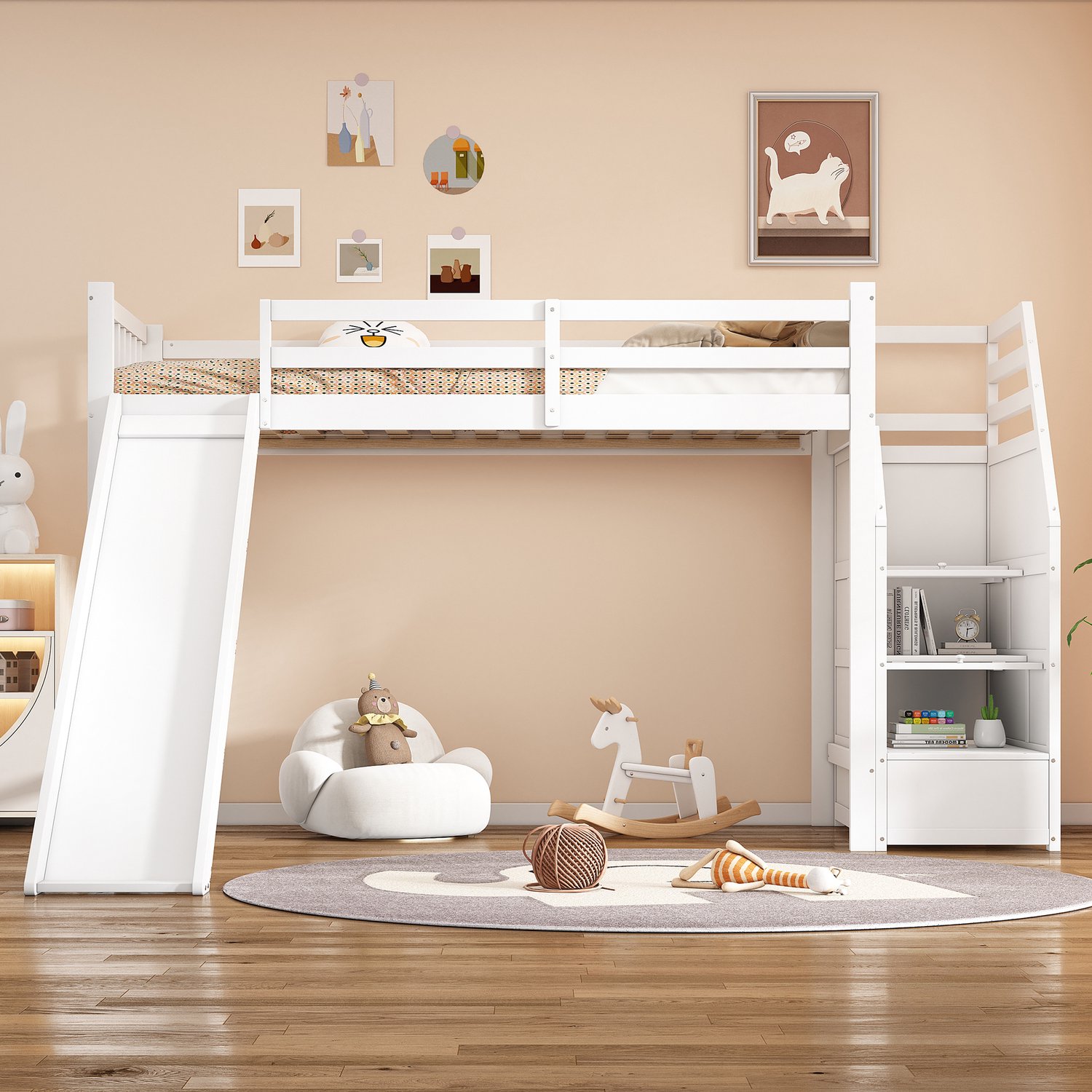 WUVRIE Kinderhoogslaper 90x200 cm - Met glijbaan, opbergladder en afneembare uitvalbeveiliging - Wit