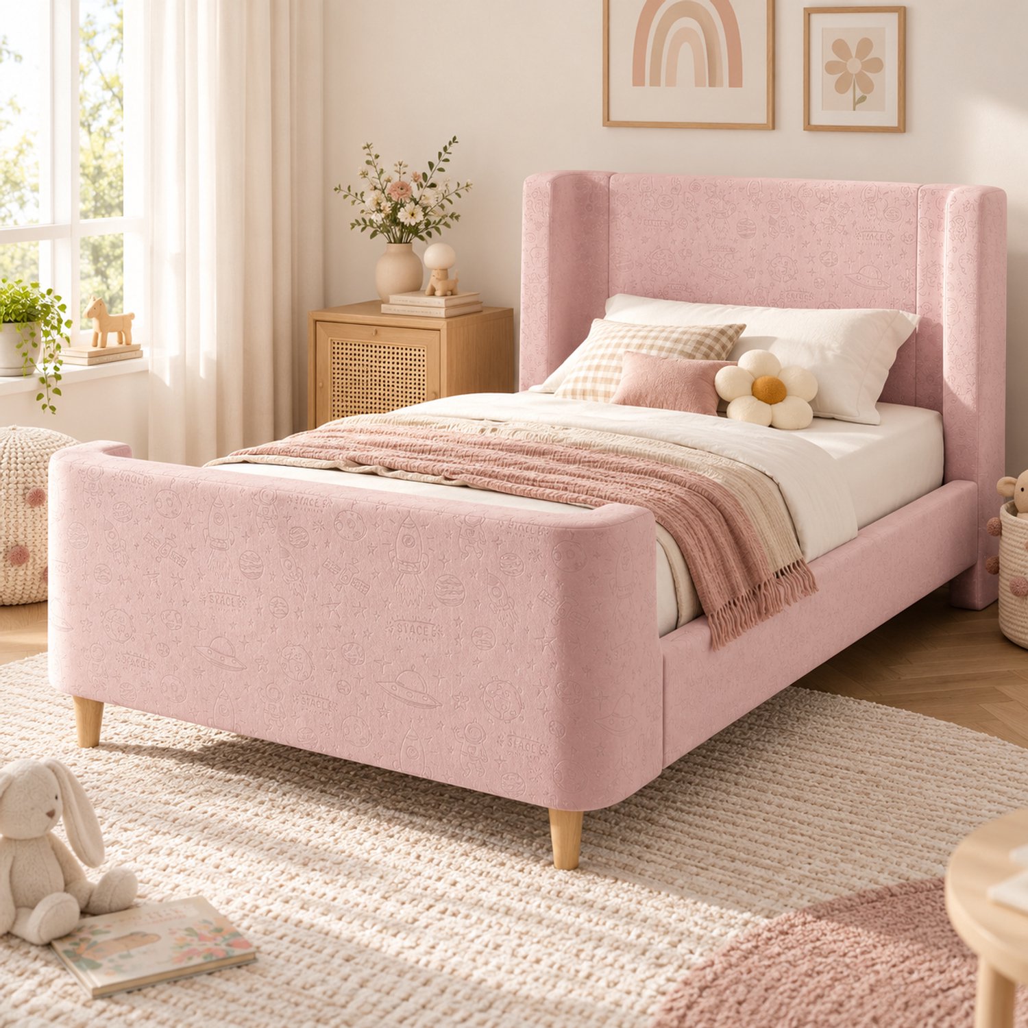 MIVRAY Kinderbed 90x200 cm - Eenpersoons Sledebed Zonder Matras met Kosmisch Patroon - Gestoffeerd voor Jongens en Meisjes - Fluweel - Roze