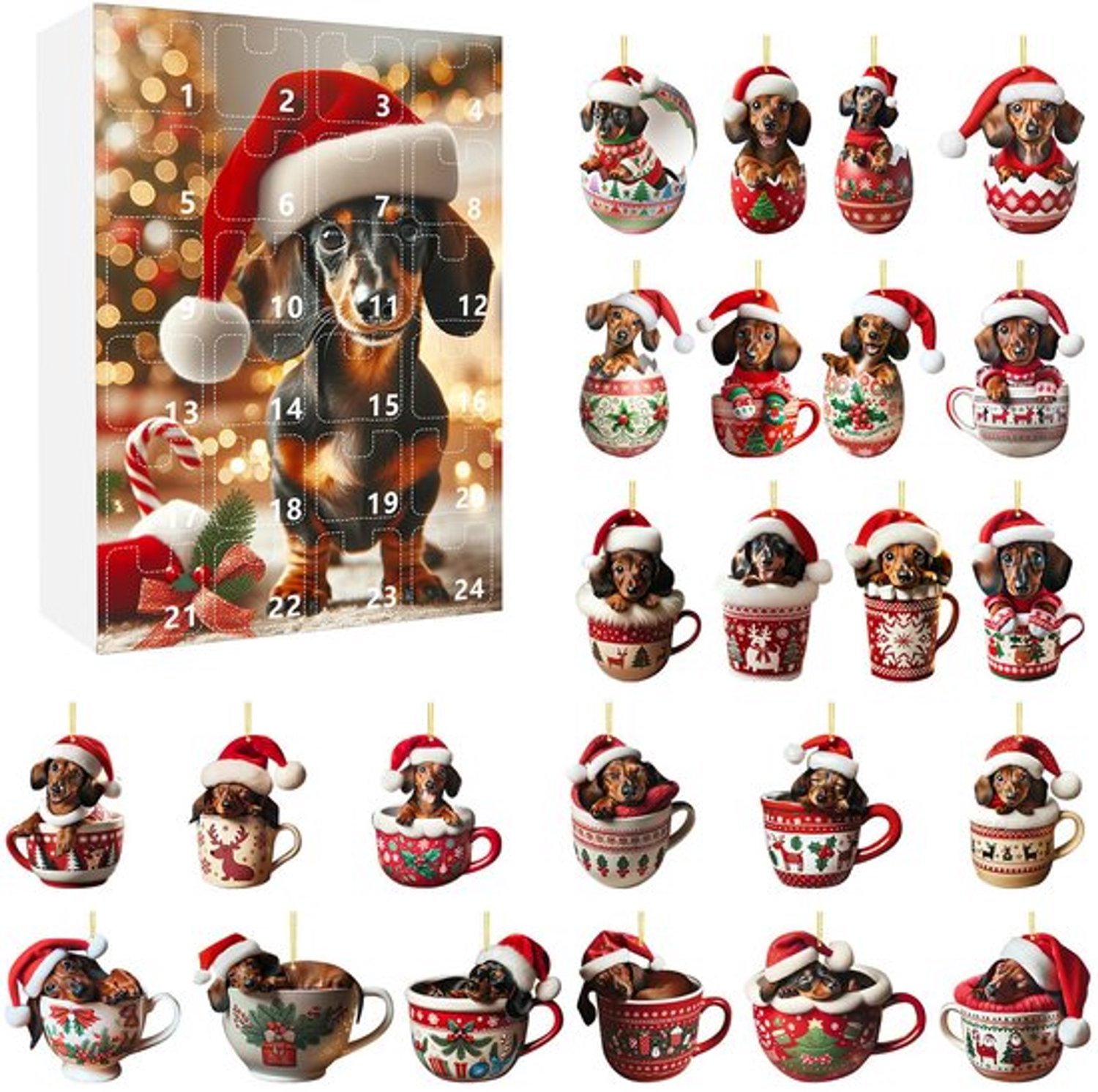 adventskalender 2026 - adventskalender - Acryl Kerstboomhanger - Kerstboomdecoratie- 24-daagse Kerstadventskalender met Teckel Ornament-aftelkalender voor kers -Teckel kerst adventskalender 2026