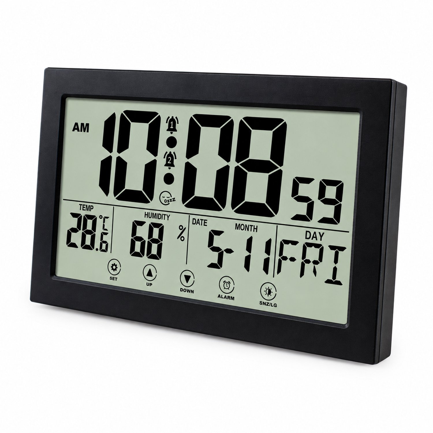 Wekker met LCD-display - zwart - aanraakbediening en nachtverlichting - temperatuur, luchtvochtigheid en kalender - voor wandmontage of vrijstaand gebruik