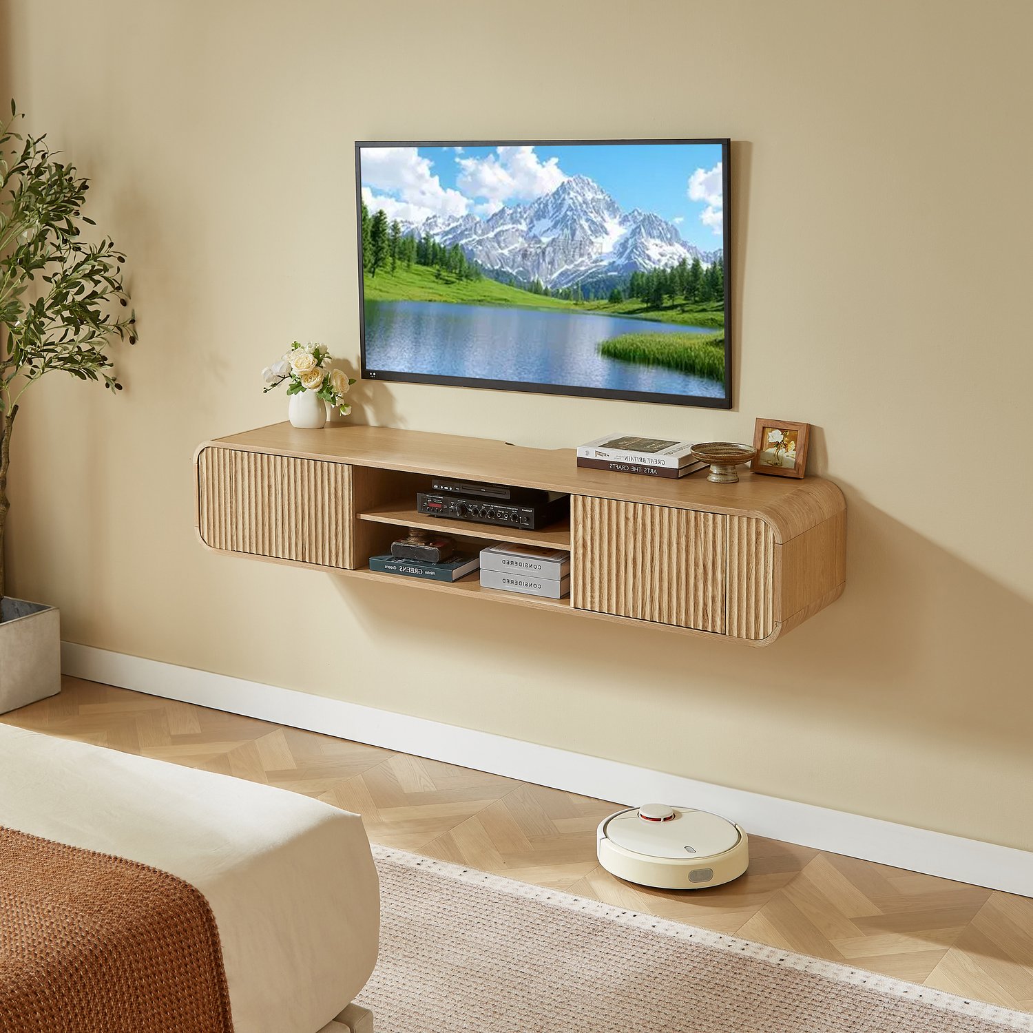 CHICFURN TV-meubel 160 cm - Wandmontage - Open vakken - Naturel