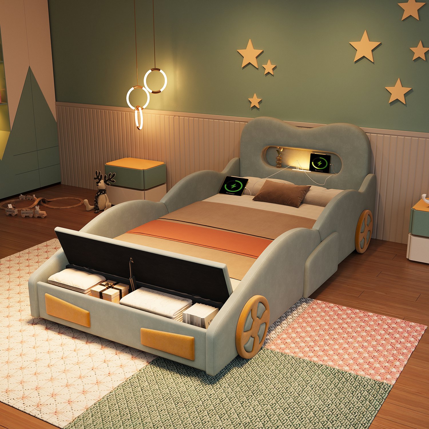 STILVORA Kinderbed 90x200 cm – Autobed met Leeslamp en Laadaansluiting – Opbergruimte aan Voeteneind – Fluweel – Zonder Matras – Groen