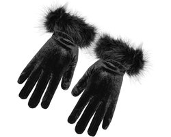EUPSIIU Black Opera Gloves, Velvet Gloves with Furry Cuff, 1920s Costume, Evening Gloves, Bridal Dance, Fancy Dress Gloves, Women's Mitts, Wedding, Ba