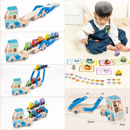Collage van houten autotransporter in gebruik met kind, dierenauto's en genummerde kaarten.