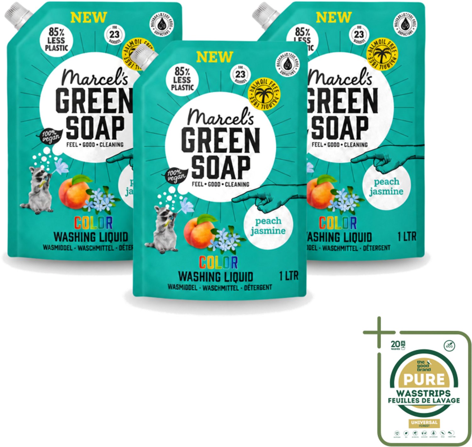 3 x Marcel's Green Soap - Vloeibaar Wasmiddel - Kleur - Navulling - Perzik & Jasmijn - Effectief & natuurlijk - 23 Wasbeurten - 1 liter - Wasstrips - Wasmiddel - Geur - Duurzaam Wasmiddel - Geur Perzik En Jasmijn - Navulwasmiddel