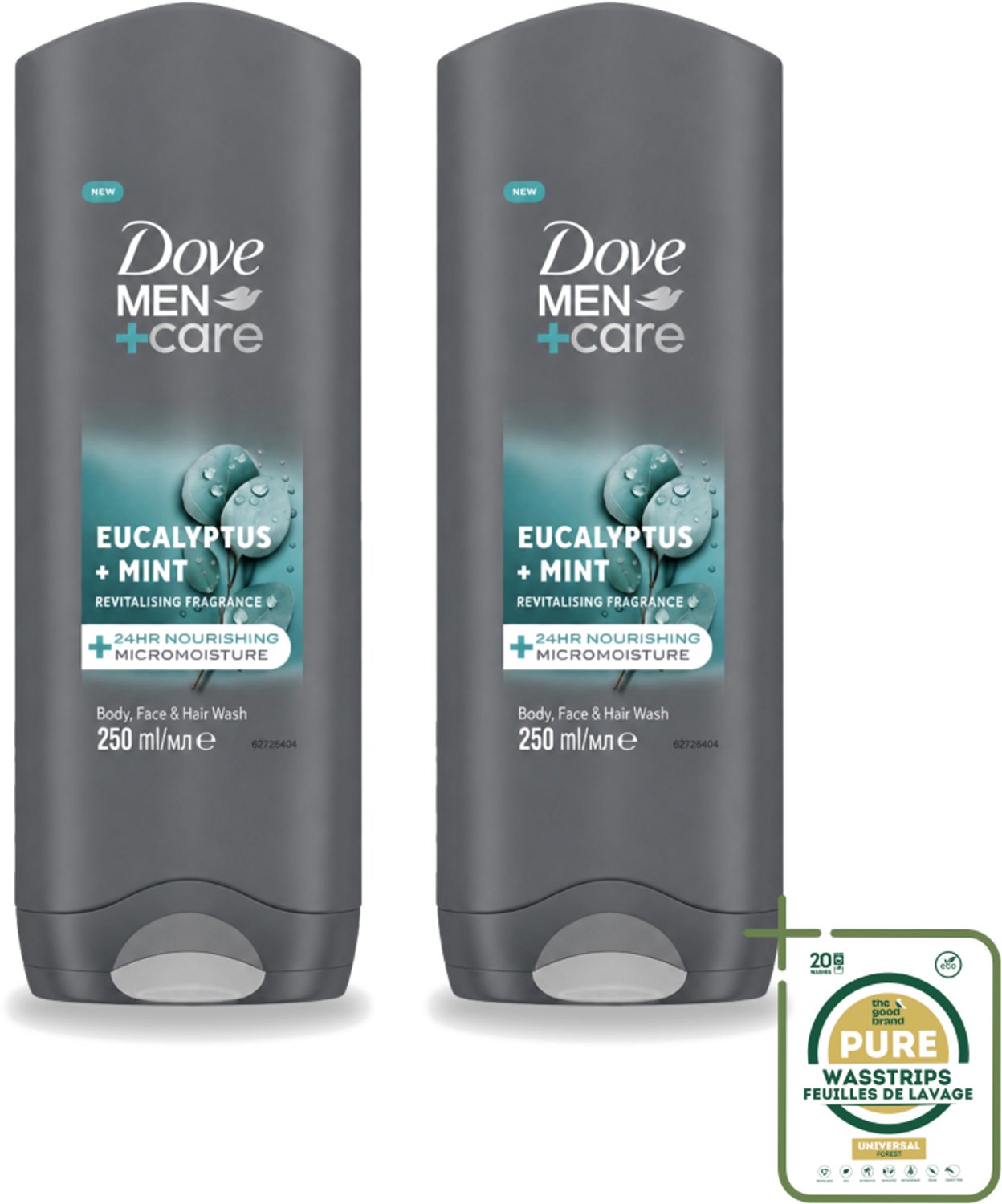 2 x Dove Men+Care Douchegel - Eucalyptus & Mint - 250 ml - Wasstrips - Douchegel Voor Mannen - Hydraterend Douchegel - 3-in-1 Douchegel - Lichaam En Gezicht Douchegel - Eucalyptus En Munt Douchegel